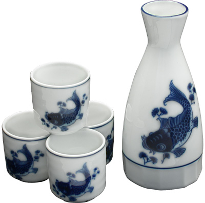 [ SAKE SET, 4 CUPS, BLUE FISH -  ]