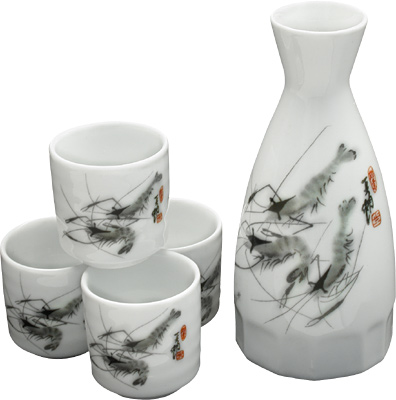 [ SAKE SET, 4 CUPS, BLACK & WHIT ]