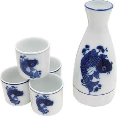 [ SAKE SET, 4 CUPS, BLUE FISH -  ]